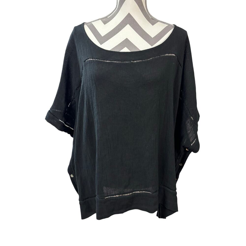 Tina Stephens Black Linen Cotton Poncho Top Italy Ladder Trim One Size OS